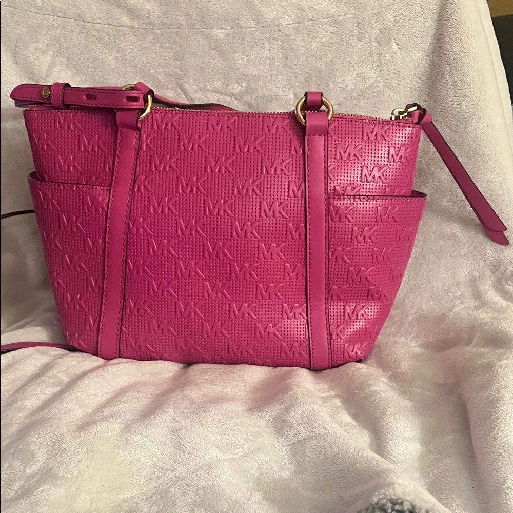 Michael Kors Hot Pink Embossed Leather Tote with Tassel Charm - Picture 2 of 4